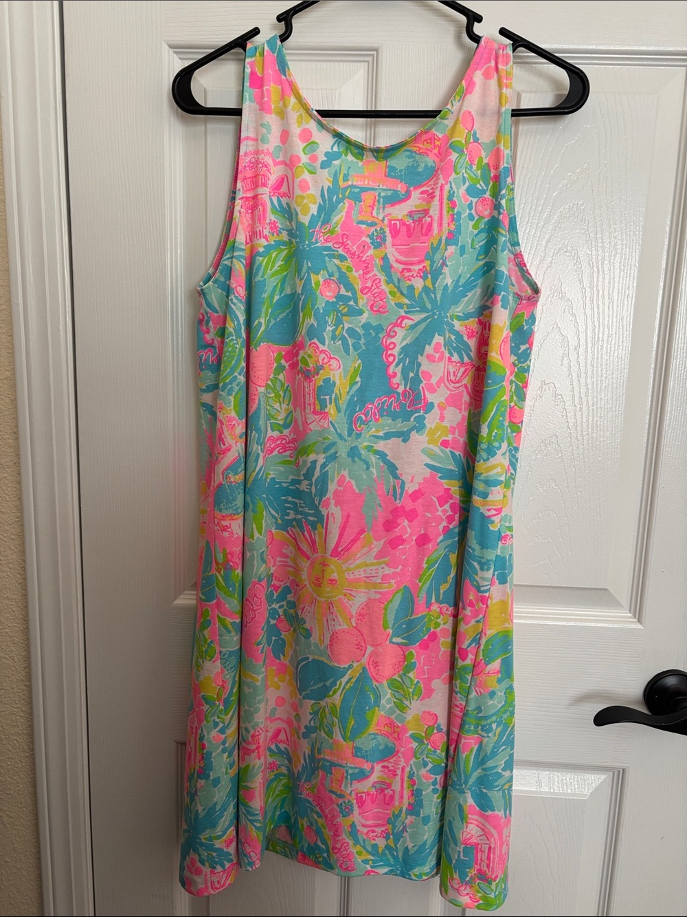 Ladies Sleeveless Tropical Floral Dress in Pink, Blue & Green
